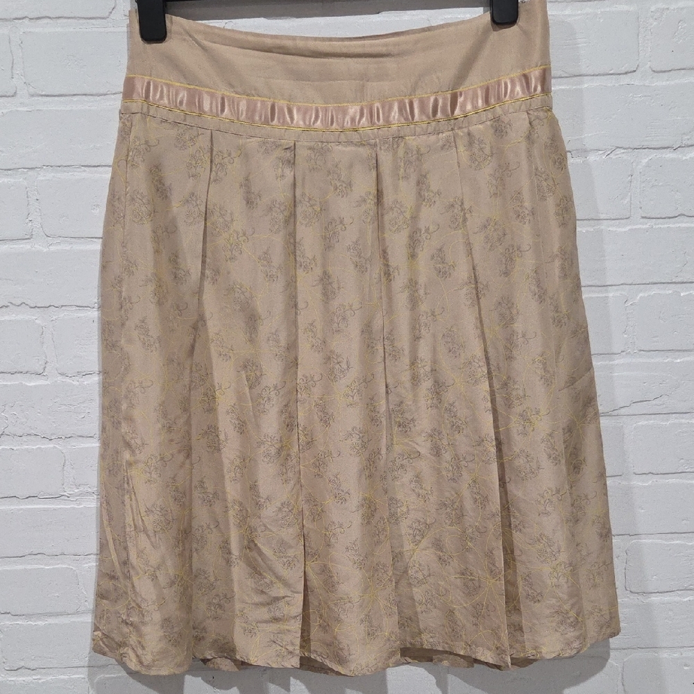 Beige Floral A-Line 100% Silk Skirt with Satin Trim